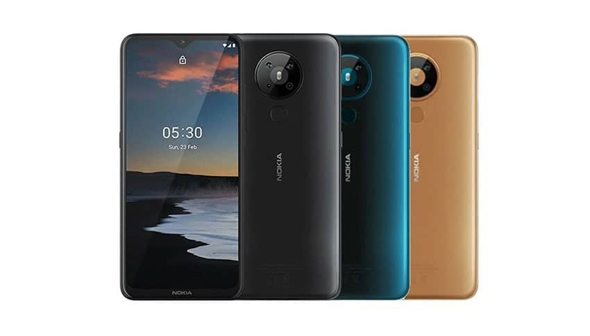 Nokia 5.3 in Cyan, Sand, Charcoal color portions. 